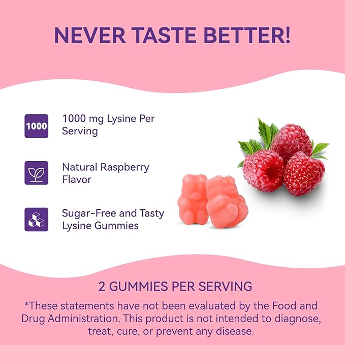 L-Lysine 1000mg Gummies, Chewable Lysine Supplement for Adults, Lysine Gummies for Lip Health, Immune Support- Vegan, Gluten-Free, Sugar-Free, 60 Counts