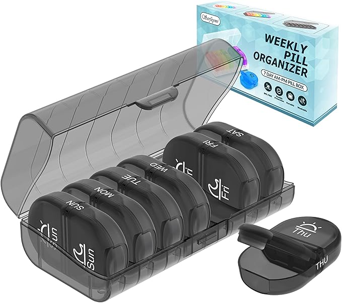 Serfeymi Weekly Pill Organizer 2 Times a Day Travel Medicine Pill Organizer AM PM Pill Box 7 Day with Protection Pill Case Daily Medication Organizer for Vitamins, Fish Oil-Black Case+Black Pill Box