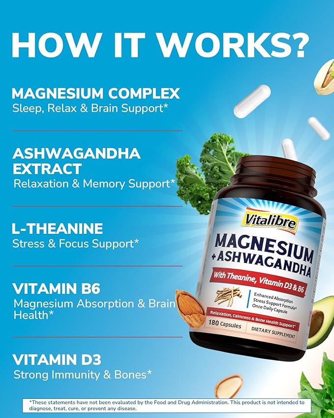Magnesium Complex with Ashwagandha & L-Theanine - Stress Relief, Bone & Relaxation Support - w/Vitamin D3, B6 - Glycinate, Citrate, Malate, Taurate - 180 Vegan Capsules, Non-GMO, Gluten free