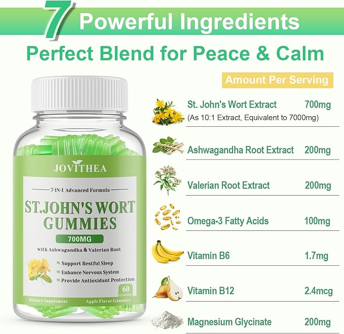 2 Pack St John's Wort Gummies 700mg, Natural Herbal Supplement for Adults & Kids, Support Calm, Relaxation & Brain Health, Vegan, Non-GMO, Gluten Free, Apple Flavor, 120 Count