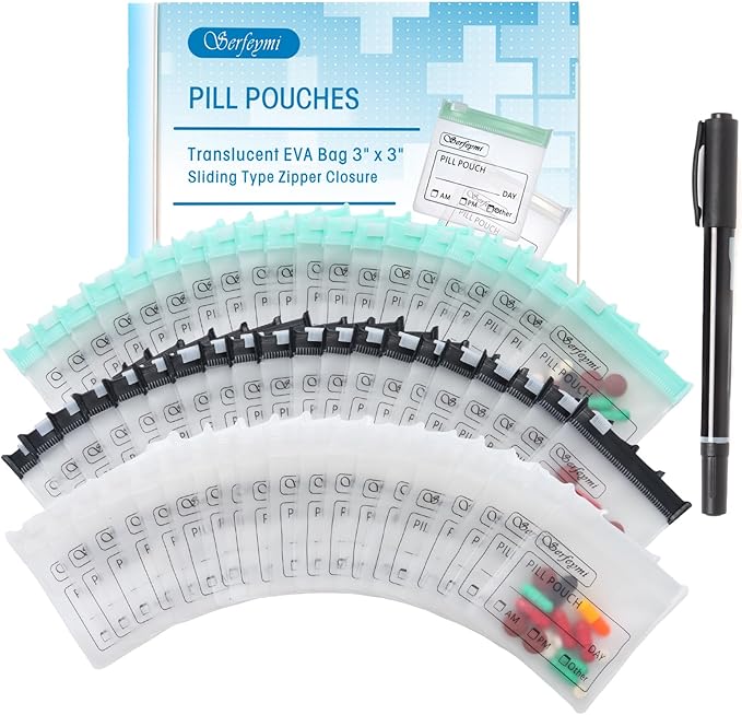 Serfeymi 72 Pcs Pill Pouch Bags for Travel Reusable Plastic Bags 3"x3" 12 mil (Double Sided) Translucent Zipper Pill Pouches for Medicine with Slide Lock & Writable Label, 1x Marker-White+Green+Black
