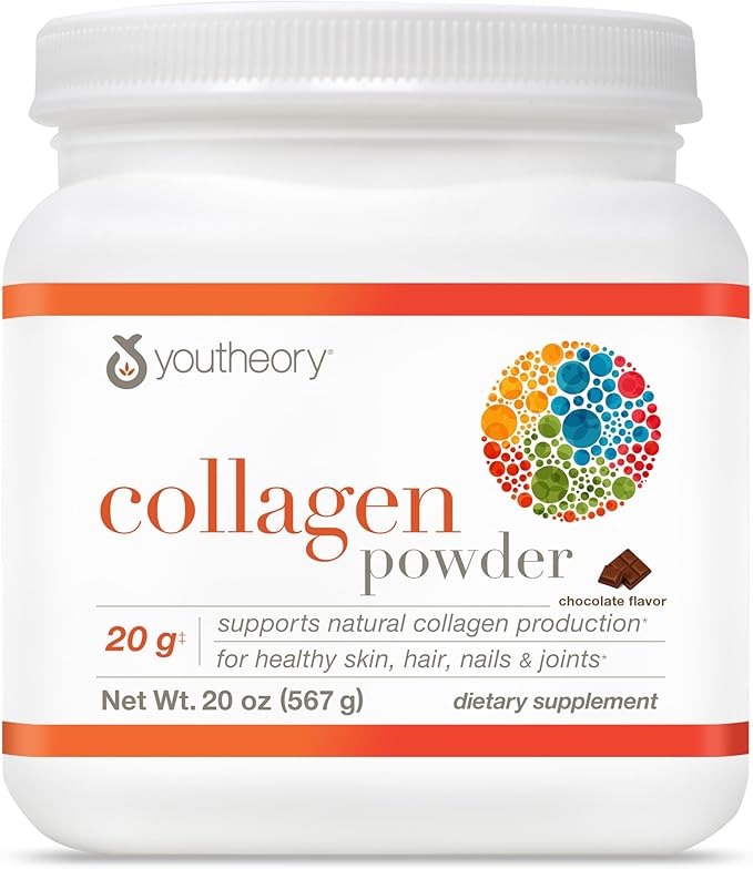 Youtheory Collagen Powder - 20 g Hydrolyzed Collagen Peptides - with Vitamin C, Biotin & Amino Acids - Supports Joint & Bone Health* - Chocolate - 20 oz (21-Day Supply)