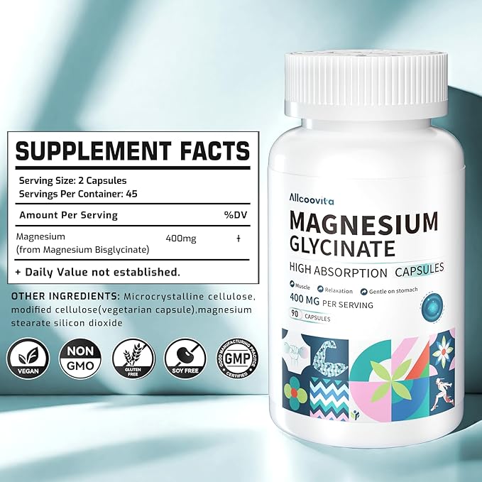 Magnesium Glycinate 400 MG per Serving 100% Chelated for High Absorption, Gentle On Stomach, Non-GMO, 90 Vegetarian Capsules