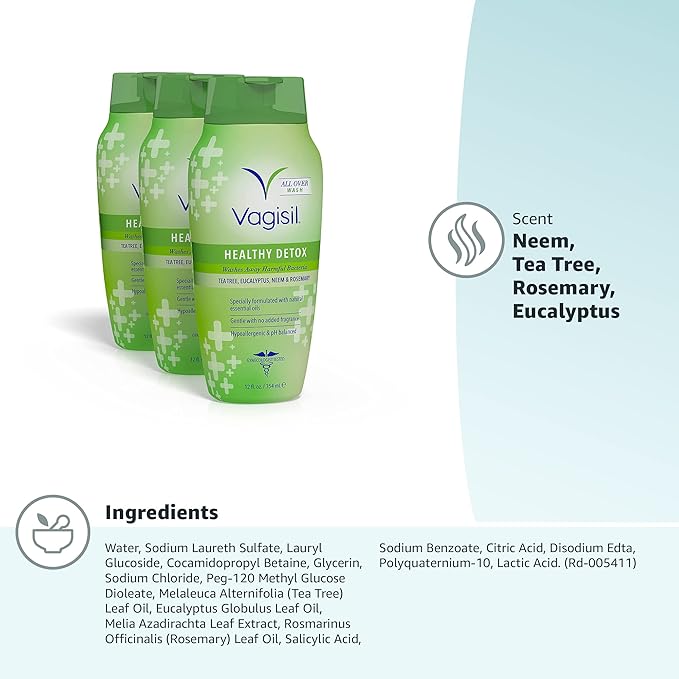 Vagisil Feminine Wash for Intimate Area Hygiene,Healthy Detox,All Over Body Wash for Women,Gynecologist Tested,Hypoallergenic and pH Balanced,12 Fl Oz,(Pack of 6)