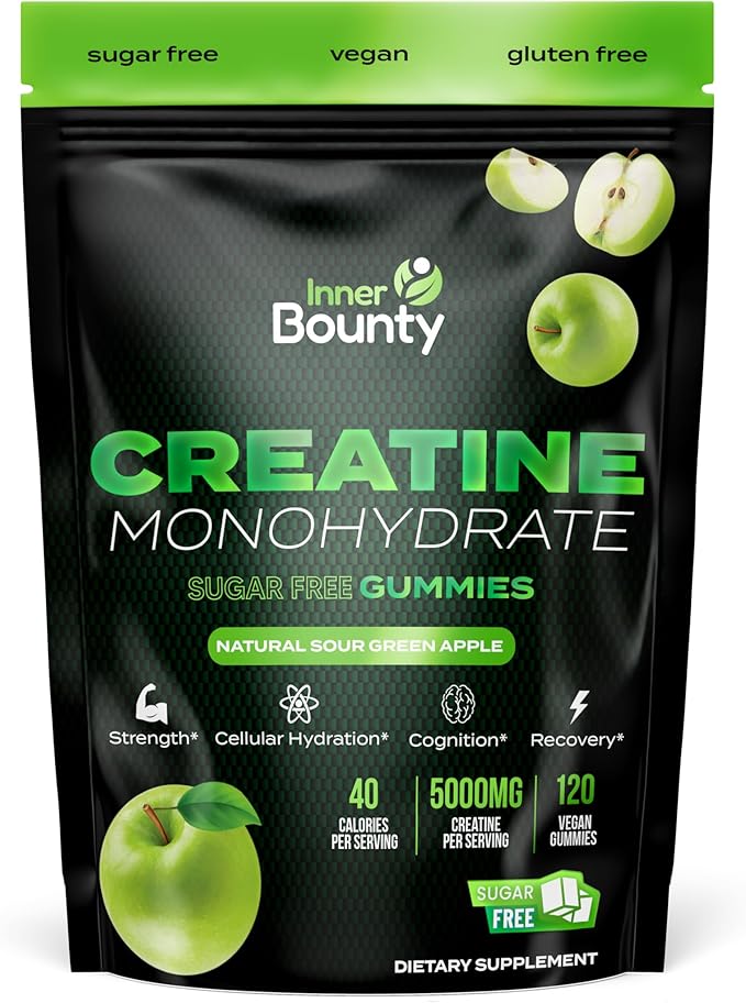 Sugar Free Creatine Monohydrate Gummies 5g, Natural Sour Green Apple - 120 Vegan Chews for Men and Women. Cognition and Muscle Support, Cellular Energy - Non-GMO & Gluten-Free
