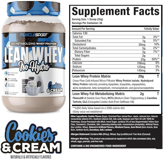 MuscleSport Lean Whey Revolution™, Whey Protein Isolate with Hydrolyzed Whey - Low Calorie, Low Carb, Low Fat, Incredible Flavors - 25g protein per scoop (2lb, Cookies N Cream)