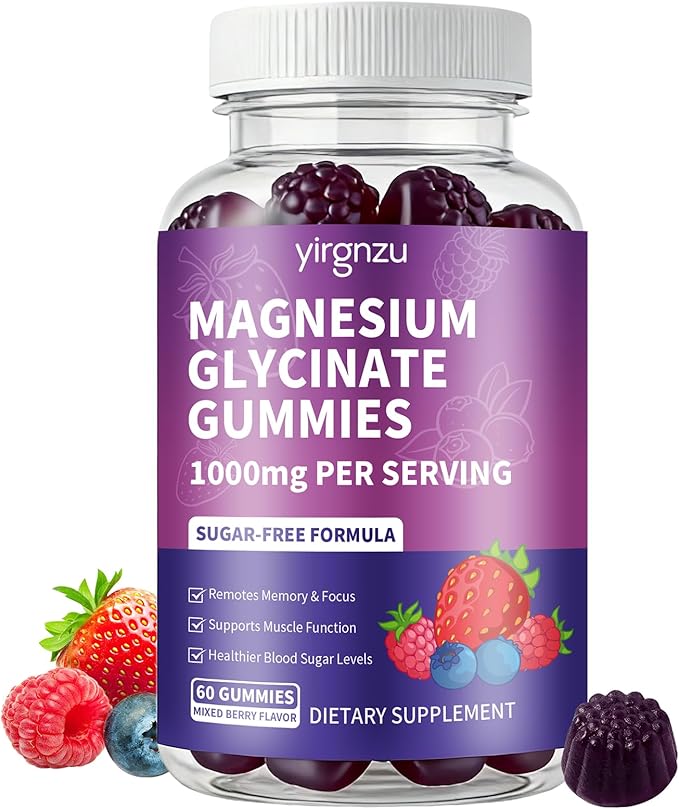 Magnesium Glycinate Gummies 1000mg, Sugar Free Magnesium Supplement with Potassium, Vitamin D, B6, CoQ10 for Sleep Support, Stress & Muscle Relief - 60 Mixed Berry Flavored Gummies