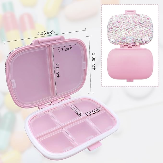 Bling Pill Case for Purse Medicine Vitamin Container Holder Pocket Pill Case Round Medicine Organizer for Travel Medicine Kit (8 Compartment Pink)