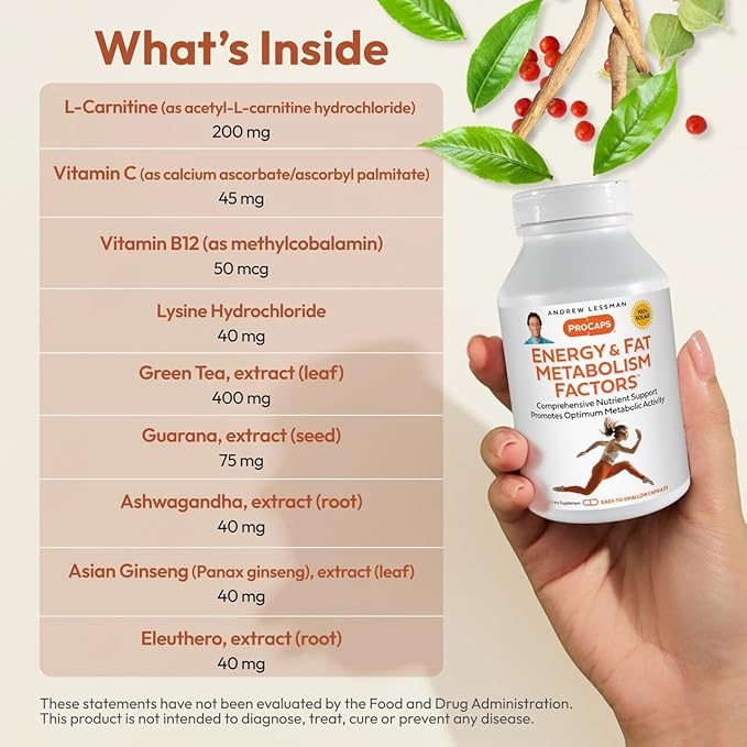 ANDREW LESSMAN Energy and Fat Metabolism Factors 180 Capsules - Promotes Optimum Fat Burning and Energy Metabolism, with Carnitine, Green Tea, Guarana, Ginseng, B-Complex. Easy to Swallow Capsules