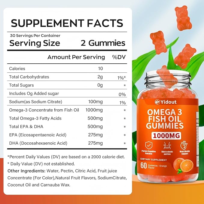 Omega 3 Fish Oil Gummies, Delicious Orange Flavor Fish Oil Gummy Supplements for Joint, Heart Health, & Brain Support (60 Count（Pack of 1）)