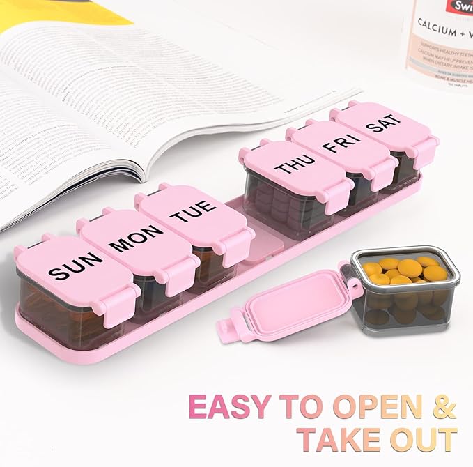 Extra Large Weekly Pill Organizer - XL Vitamin Holder with 7 Detachable Compartments, Portable Medicine Pill Organizer for Supplements, Daily Pill Case for Home and Travel,Pink