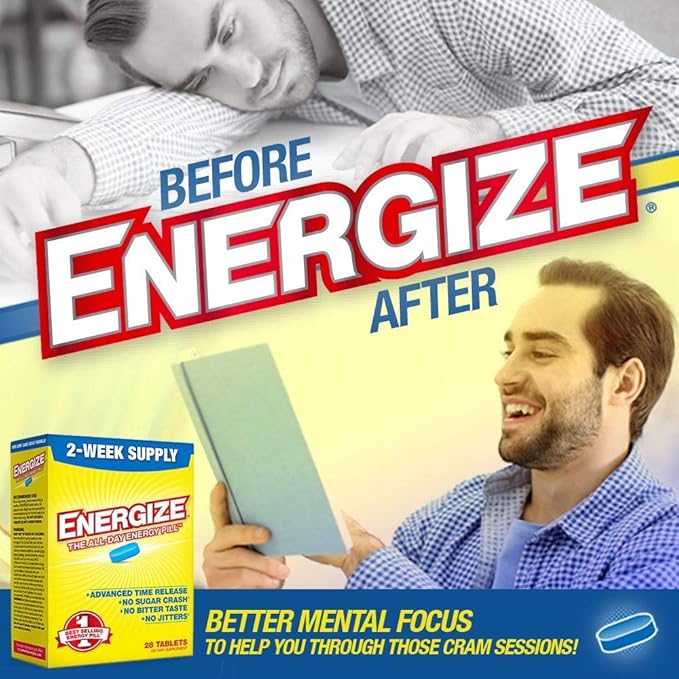 Energize Caffeine Pills - Fast Acting Energy Pill - Healthy Focus Brain Supplement - Improved Performance, Alertness, and Clarity - All Day Energy, No Jitters, No Crash - 28 Time Released Tablets