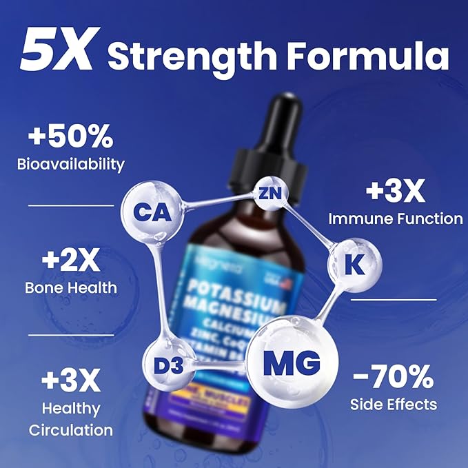 Potassium Magnesium Calcium Zinc Liquid Complex – Chelated Minerals with D3, B6, B12 & CoQ10 for Superior Absorption, Heart, Bone, Muscle, Sleep & Anti-Aging Support, 2 Fl Oz(60ml)