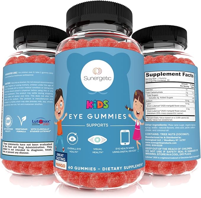 Sunergetic Premium Eye Support Gummies for Kids - Lutein with Zeaxanthin Supports Overall Eye Health, Vision & Macular Health–Clinically Studied Lutein & Zeaxanthin with Lutemax 2020-60 Gummies