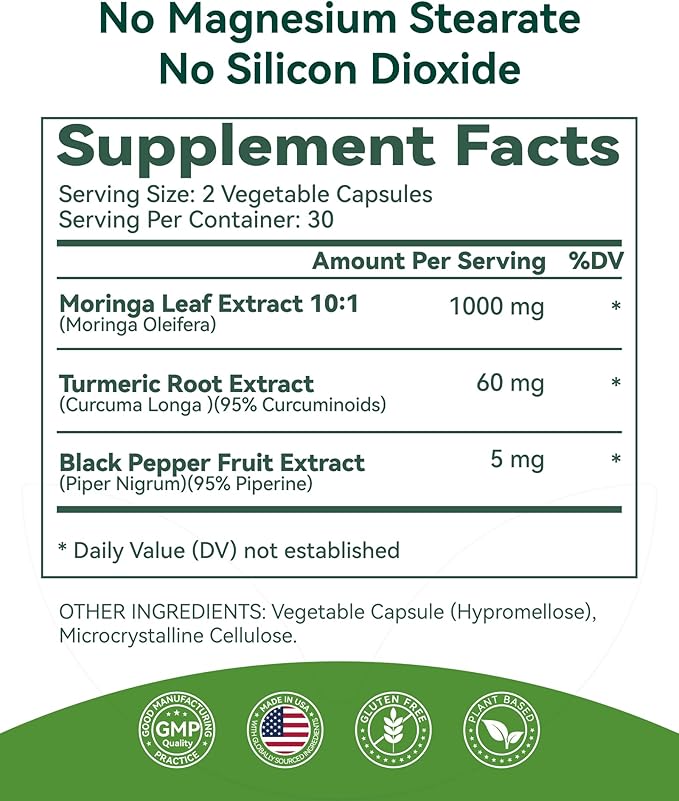 Inner Brightness Moringa Capsules 1000mg Per Serving – 10:1 Moringa Leaf Extract Green Superfood for Energy & Immune Support – Vegan, Non-GMO, 60 Count, Made in USA