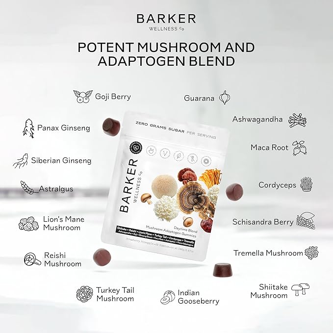 Barker Wellness Daytime Sugar-Free Adaptogen Mushroom Gummies - Lion's Mane, Cordyceps, Reishi & Shiitake | Vegan, Immune System Support, Natural Energy, Enhanced Focus & Mood for Adults | 60 Count