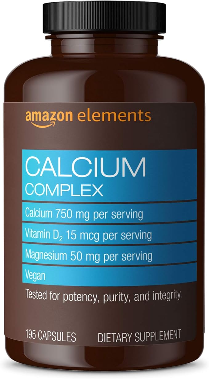 Amazon Elements Calcium Complex, 750mg, Vegan, With Vitamin D₂ and Magnesium, 195 Capsules