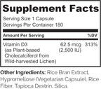 NATURELO Vitamin D - 2500 IU - Plant Based from Lichen - Natural D3 Supplement for Immune System, Bone Support, Joint Health - Vegan - Non-GMO - Gluten Free - 180 Capsules