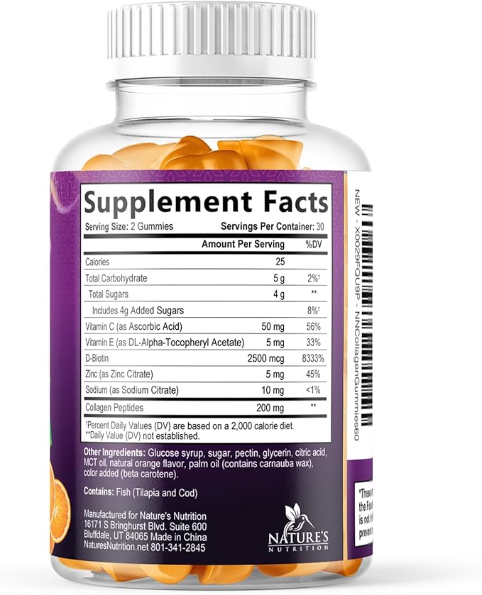 Collagen Peptides Gummies with 2500mcg Biotin Per Serving - Hair Growth, Skin & Nails Supplement - Hydrolyzed Collagen Multi Type I & III, Vitamin C for Immune Support, Orange Flavor, 60 Gummies