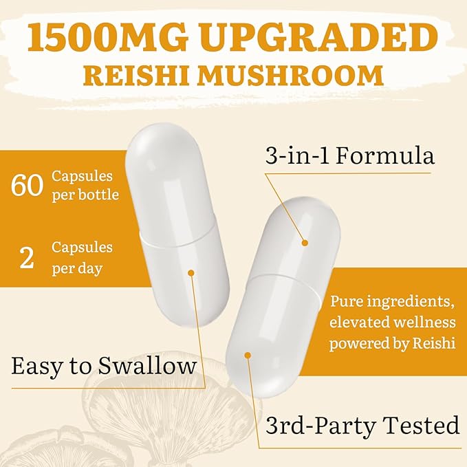 Japanese Reishi Mushroom Supplement 800mg with Reishi Mushroom Extract 500mg & Shell-Broken Spores 200mg,Organic Mushroom Capsules for Immune System - Real Fruiting Body (Pack of 1)