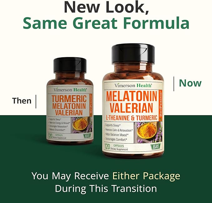 Melatonin 3mg Sleep Aid with L-Theanine & Valerian Root – Turmeric Curcumin Supplement with Ginger & Black Pepper – Organic Turmeric Supplement for Sleep, Calm and Stress Relief Support – 120 Capsules