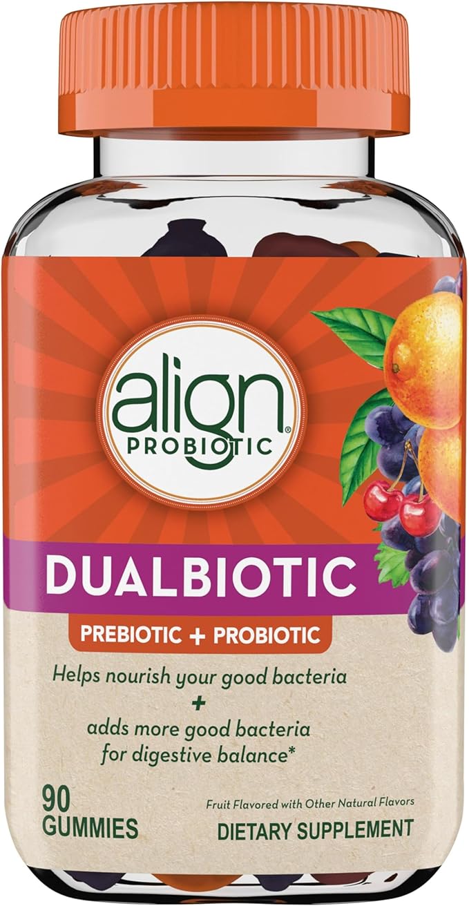 Align Dualbiotic, Prebiotics and Probiotics for Women and Men, Probiotics for Digestive Health, Prebiotics Help Nourish Good Bacteria, Natural Fruit Flavors, 90 Probiotic Gummies