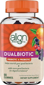 Align Dualbiotic, Prebiotics and Probiotics for Women and Men, Probiotics for Digestive Health, Prebiotics Help Nourish Good Bacteria, Natural Fruit Flavors, 90 Probiotic Gummies