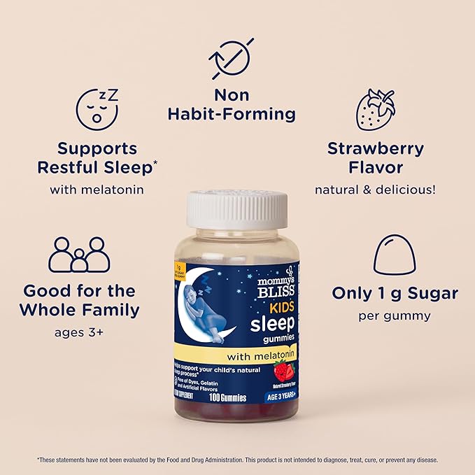 Mommy's Bliss Kids Sleep Melatonin Gummies, Non Habit-Forming with No Artificial Colors, Flavors or Gelatin - Age 3 Years+ - Strawberry Flavor - 100 Sleep Gummies