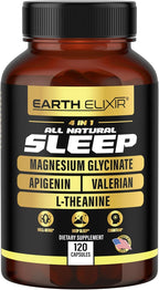 Earth Elixir 4-in-1 Sleep Aid (120 Caps) w/Apigenin 50mg, Magnesium Glycinate 200mg, L Theanine 200mg & Valerian Root for Sleep Aid 300mg | Apigenin Supplement for Sleep | Sleeping Pills