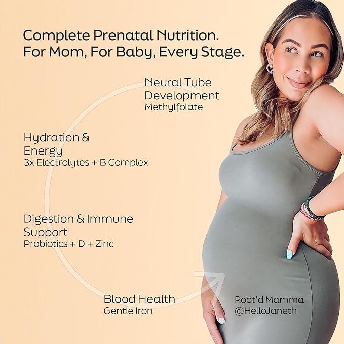 Root'd Prenatal Multivitamin Powder - 25 Vitamins & Minerals with 3x Electrolytes, Folate, Iron, D3 for Mom & Baby, 7 Superfood & Probiotics, Sugar-Free Vitamins & Hydration | 30 Vitamin Drink Packets