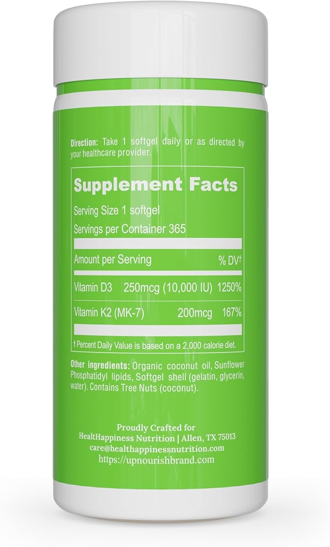 UpNourish Liposomal D3 K2 Vitamin 10000 IU D3 and K2 MK-7 200 mcg - 365 Vitamin D3 k2 (Vitamina D3 con K2) Mini Softgels - Easy to Swallow K2 D3 Vitamin Supplement