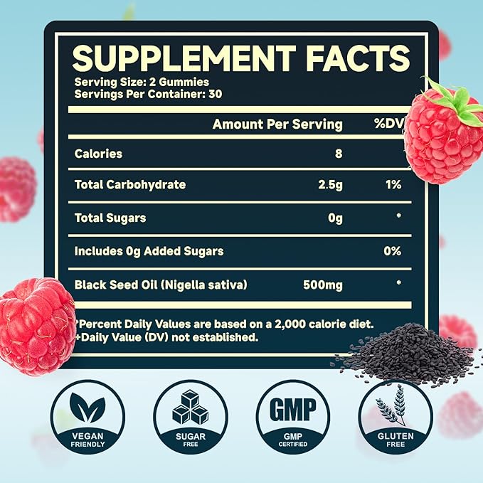 MEENCCD Black Seed Oil Gummies, Nigella Sativa Black Seed Oil Supplement for Antioxidant Support, Vegan, Non-GMO, Suagr-Free, Raspberry Flavor, 60 Count