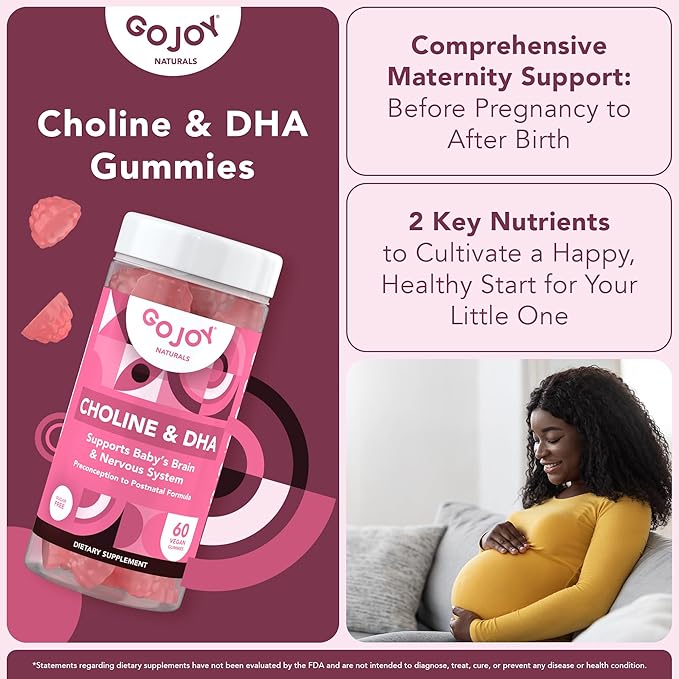 Prenatal Gummies with Choline & DHA - Preconception, Pregnancy & Postnatal Vitamins for Women - Choline 250mg + DHA 150mg - Vegan, Sugar-Free, Non-GMO