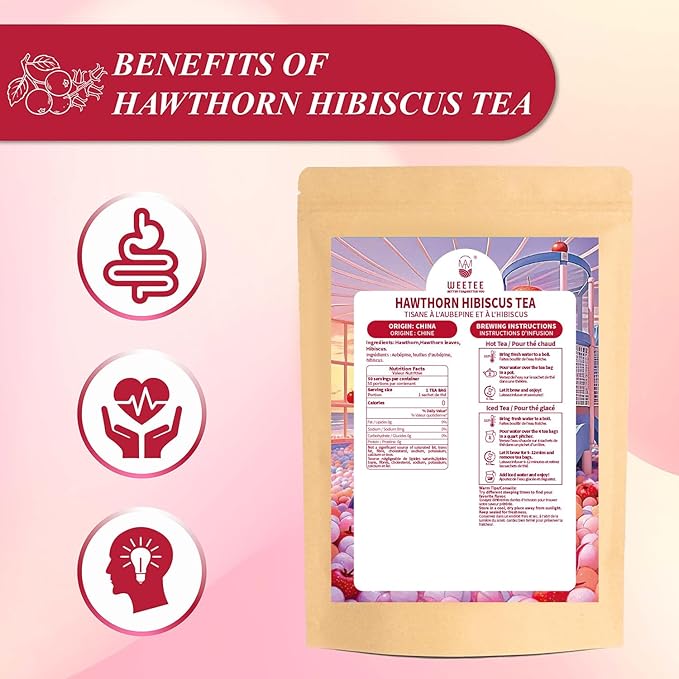 WT WEETEE Hawthorn Hibiscus Tea Bags 50 Count, Pure Made of Hibiscus, Hawthorn Berries & Leaves, Natural Caffeine-free Herbal Tea for Heart