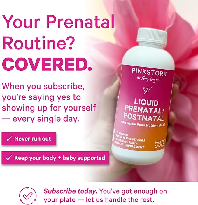 Pink Stork Liquid Prenatal Vitamins for Women - Berry Flavor Organic Food Blend - Fertility, Pregnancy, Postpartum Essentials - Morning Sickness Support - Breastfeeding & Lactation - 32 Servings