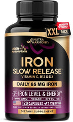 Iron Supplement for Women - Iron 65mg (Ferrous Sulfate 325mg) - Stomach Friendly | Slow Release Iron | High Absorption - Vitamins C, D3, B6, B12 & Folate - Iron Level & Energy Support - 120 Capsules