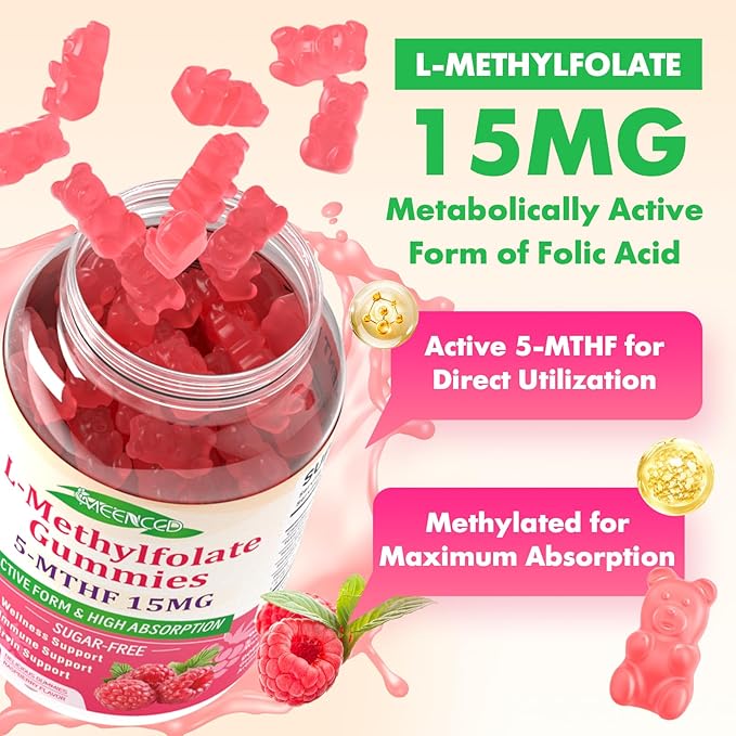 MEENCCD L-Methylfolate 15mg Gummies, Methylfolate Supplement, 5-MTHF Supplement - Active 5-MTHF - Supports Overall Wellness, Vegan, Raspberry Flavor, 60 Count