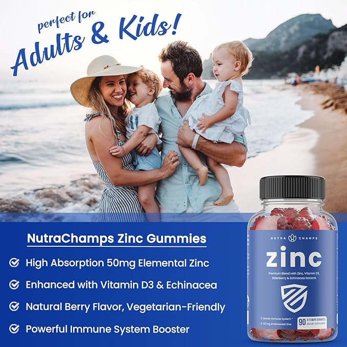 NutraChamps Zinc Gummies | 4-in-1 Zinc Gummies Adult | Zinc Chewable 50mg with Vitamin D3 2000 IU, Elderberry & Echinacea | Immune, Heart & Brain Support | 90 Count
