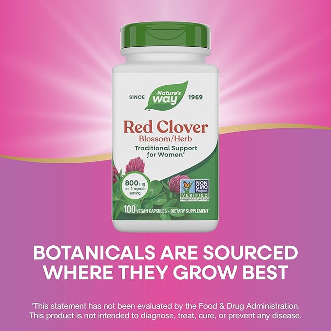 Nature's Way Red Clover Blossom Herb, Traditional Health Support for Women*, 800 mg per 2-Capsule Serving, Non-GMO Project Verified, Red Clover Supplement, 100 Vegan Capsules (Packaging May Vary)