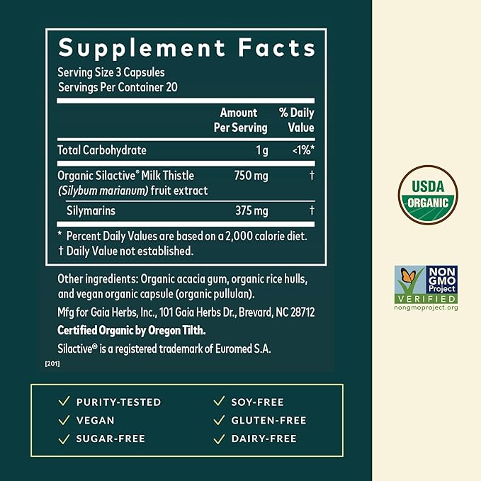Gaia Herbs Milk Thistle - Liver Supplement & Cleanse Support for Helping to Maintain Healthy Liver Function* - 60 Vegan Capsules (20 Servings)