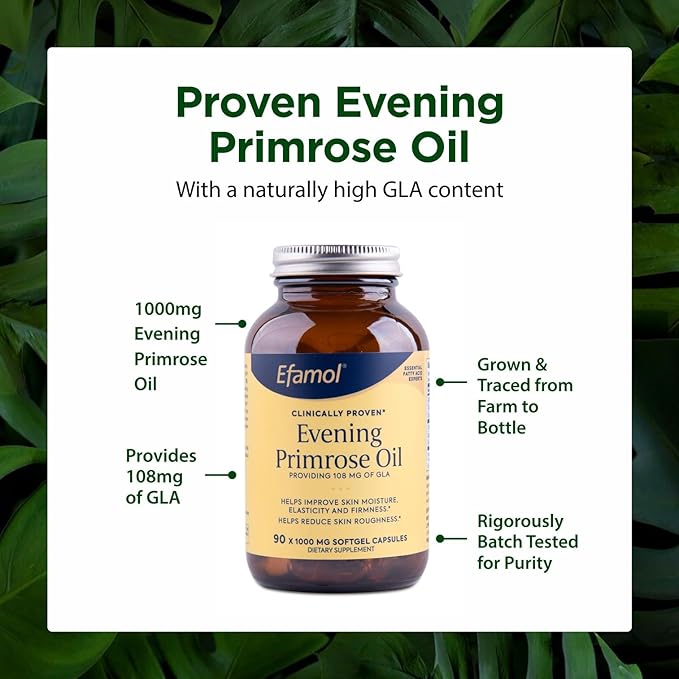 Efamol Pure Evening Primrose Oil - Natural Skin Supplement - Aids with Skin Firmness, Hydration, Wrinkles & Smoothness - with Omega-6 GLA - 90 Softgels