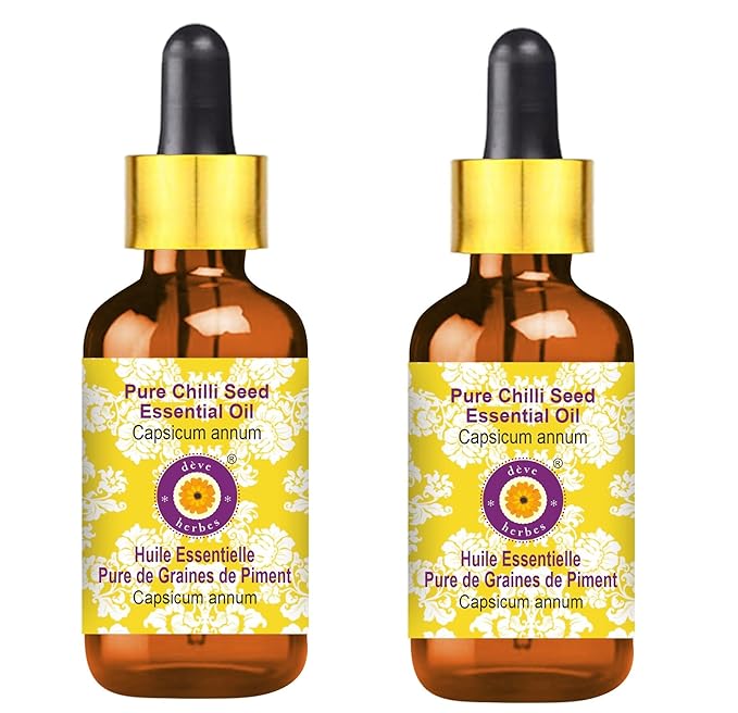 Deve Herbes Pure Chilli Seed Essential Oil (Capsicum annum) with Glass Dropper Steam Distilled (Pack of Two) 100ml X 2 (6.76 oz)