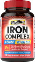 Iron Supplement for Women & Men, with Vitamins C, B6, B12 & Folate for Iron Deficiency, Blood Building & Energy Support, Stomach Friendly, Better Absorption, Non-GMO,No Gluten,120 Vegan Caps