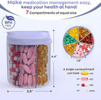HIONXMGA Pill Organizer with 7 Large Compartments, Pill Dispenser for Travel, Supplement Organizer with Anti-Mixing Design, BPA-Free Pill Container with 20 Pcs Labels, Purple