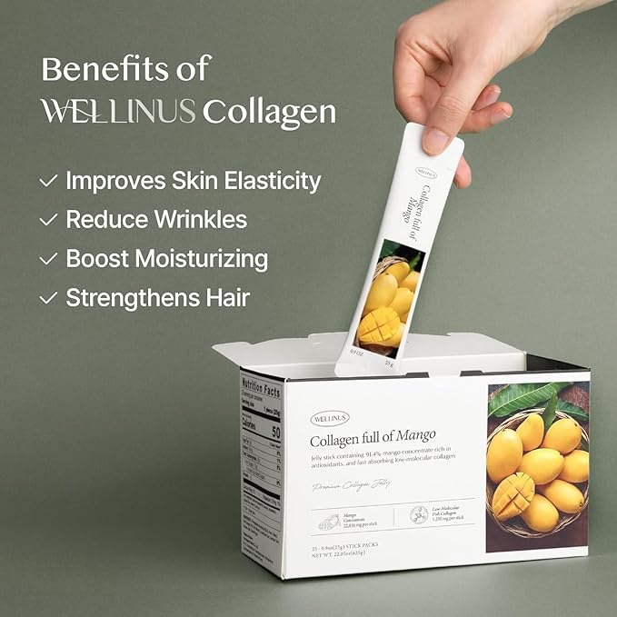 WELLINUS Collagen Jelly Stick, Marine Collagen, Fast Absorbing, Snack, Ultra-Low Weight Molecular Marine Collagen, HACCP Certified, 22.05 oz/Pack of 25 (3 Pack, Pomegranate Mango Blueberry)