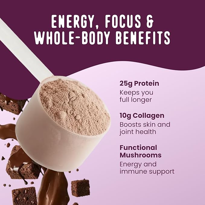 FlavCity All in One Protein Shake Powder, Brownie Batter - On the Go Meal Alternative + Collagen Peptides, Reishi & Cordyceps - Focus, Skin, Hair & Joint Support - 100% Grass Fed Whey, 20 Servings