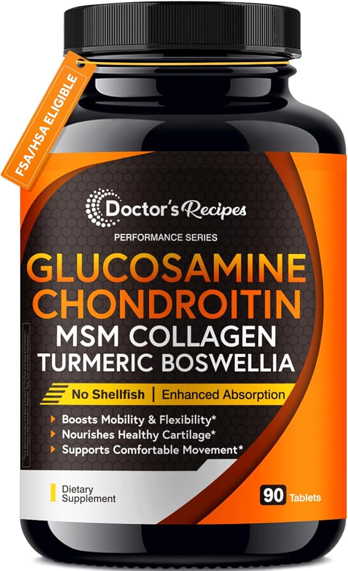 Doctor's Recipes Glucosamine Chondroitin MSM Turmeric Quercetin, with Black Pepper for High Absorption, No Shellfish, 90 Tablets