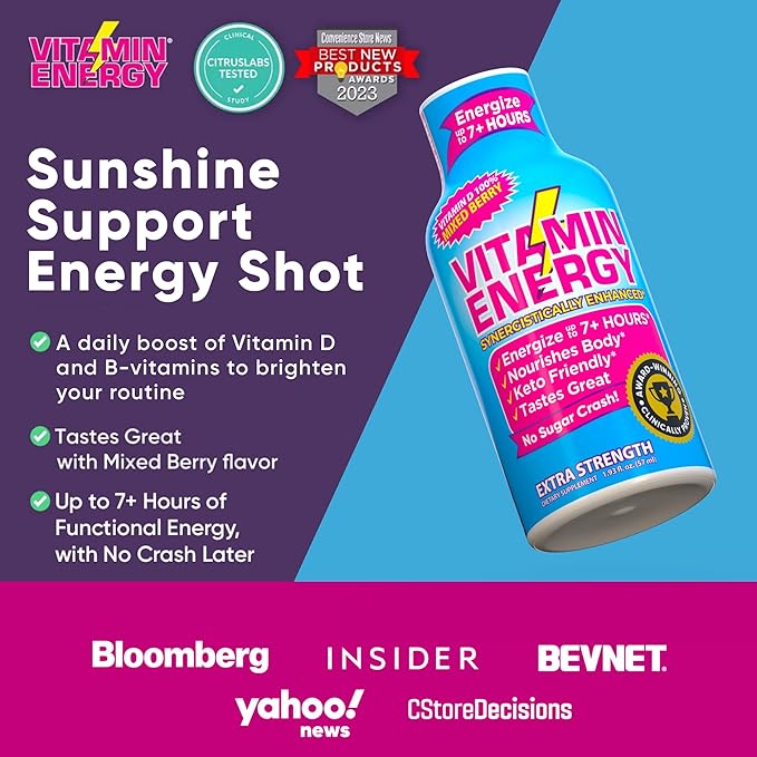 Vitamin Energy Vitamin D Extra Strength Energy Shot Mixed Berry 10 Pack, 260mg Natural Caffeine, B-Complex, Vitamin D, Wellness Support, Keto, Zero Sugar, Gluten-Free Vegan Kosher, 1.93 fl oz