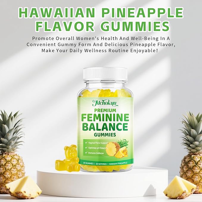 Premium Feminine Balance Gummies for Women pH Balance Support & Immune Health, Sugar Free, Non-GMO, Vegan, Gluten-Free - 60 Pineapple Gummies, 30 Servings