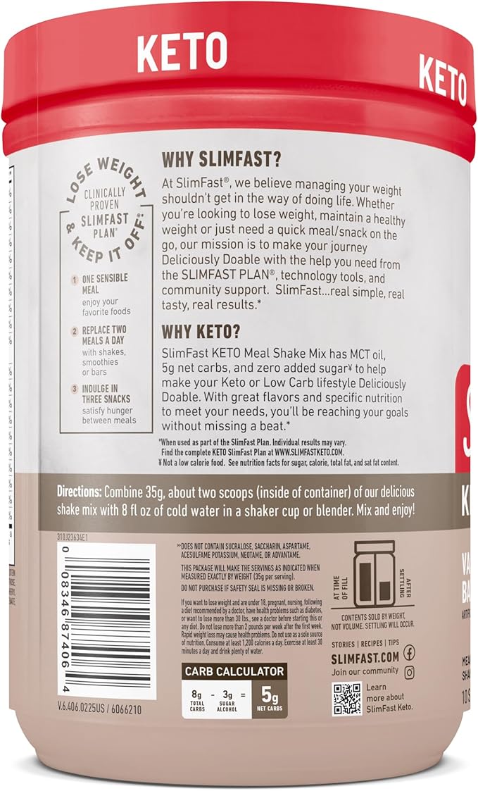 SlimFast Keto Meal Replacement Powder, Keto Meal Replacement Shake, Low Carb, Whey Protein, Collagen Protein, Grass Fed Butter, Weight Loss Shakes Powder, Gluten Free, Vanilla Cake Batter, 10 Servings